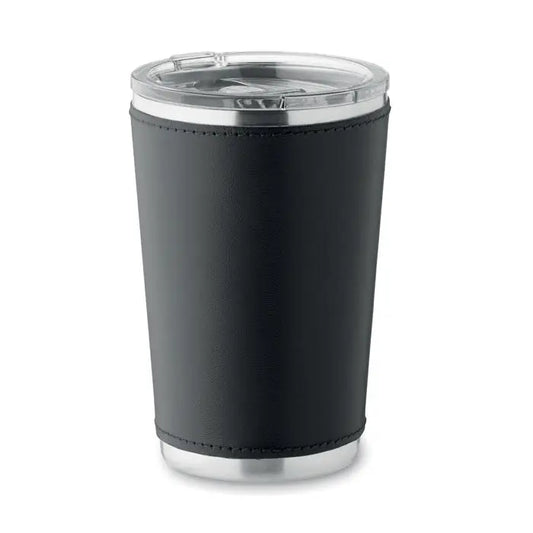 Pahar cu perete dublu 350 ml cu mânecă neagră din piele și finisaj argintiu înfășurată în jurul unui pahar inoxidabil cu capac transparent