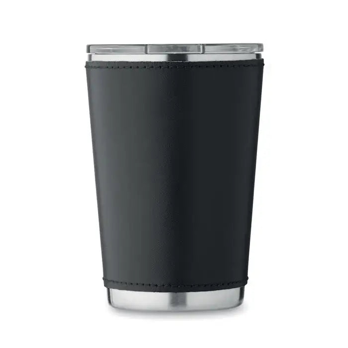 Pahar cu perete dublu 350 ml cu mânecă neagră din piele și capac transparent pe un termos din oțel inoxidabil
