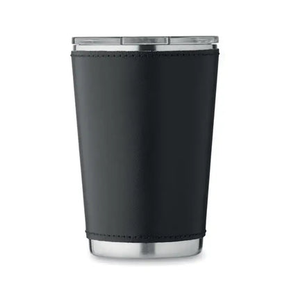 Pahar cu perete dublu 350 ml cu mânecă neagră din piele și capac transparent pe un termos din oțel inoxidabil