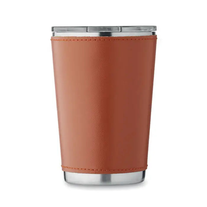 Pahar cu perete dublu 350 ml cu maneca din piele tan si margini cusute pentru termos din otel inoxidabil