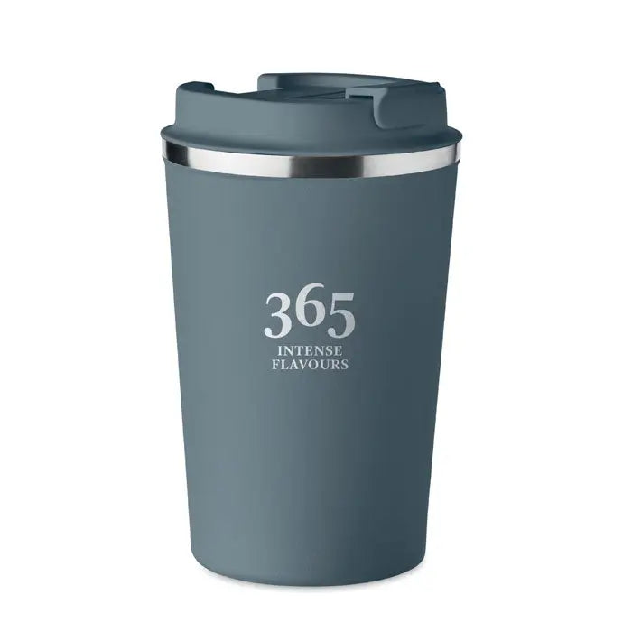 Pahar cu perete dublu 350 ml din otel inoxidabil, mat gri, cu capac flip-top si logo 365 intense flavours alb