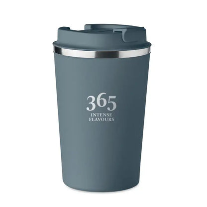 Pahar cu perete dublu 350 ml din otel inoxidabil, mat gri, cu capac flip-top si logo 365 intense flavours alb