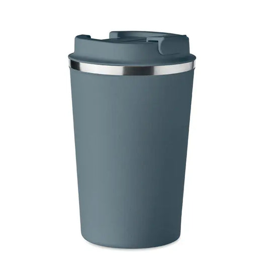 Pahar cu perete dublu 350 ml travel mug gri mat cu margine argintie si capac cu mecanism flip-top