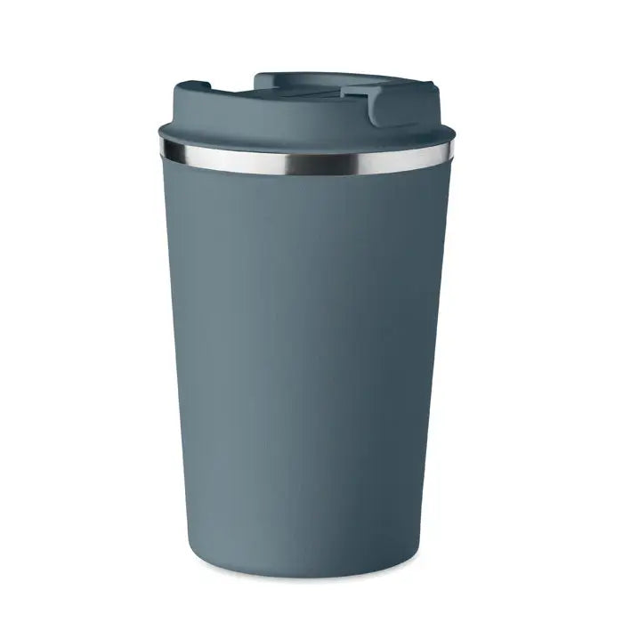 Pahar cu perete dublu 350 ml travel mug mat gri cu margine argintie si capac flip-top pentru bauturi calde si reci