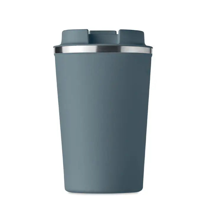 Pahar cu perete dublu 350 ml gri mat cu margine argintie si capac cu manere integrate pentru calatorii