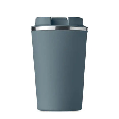 Pahar cu perete dublu 350 ml gri mat cu margine argintie si capac cu manere integrate pentru calatorii