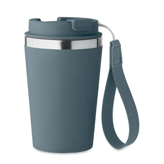 Pahar cu perete dublu 350 ml din oțel inoxidabil cu finisaj mat teal și curea textilă pentru călătorii