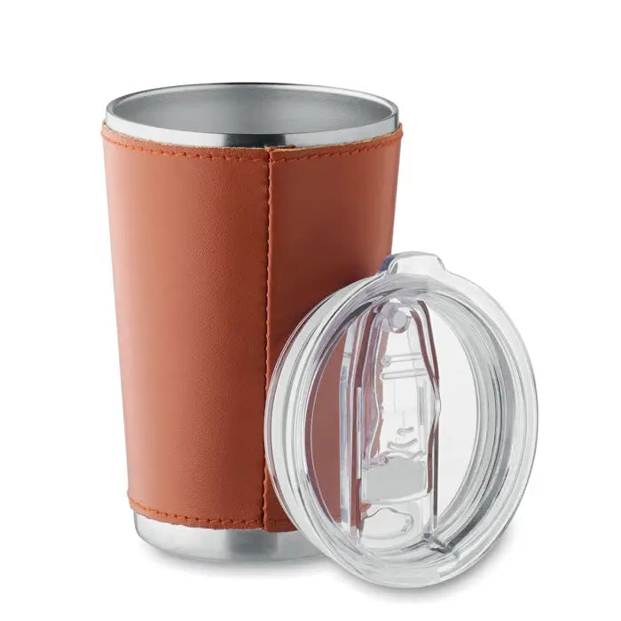 Pahar cu perete dublu 350 ml cu manșon din piele bej și margine din inox cu capac din plastic transparent