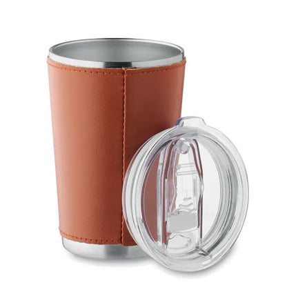 Pahar cu perete dublu 350 ml cu manșon din piele bej și margine din inox cu capac din plastic transparent