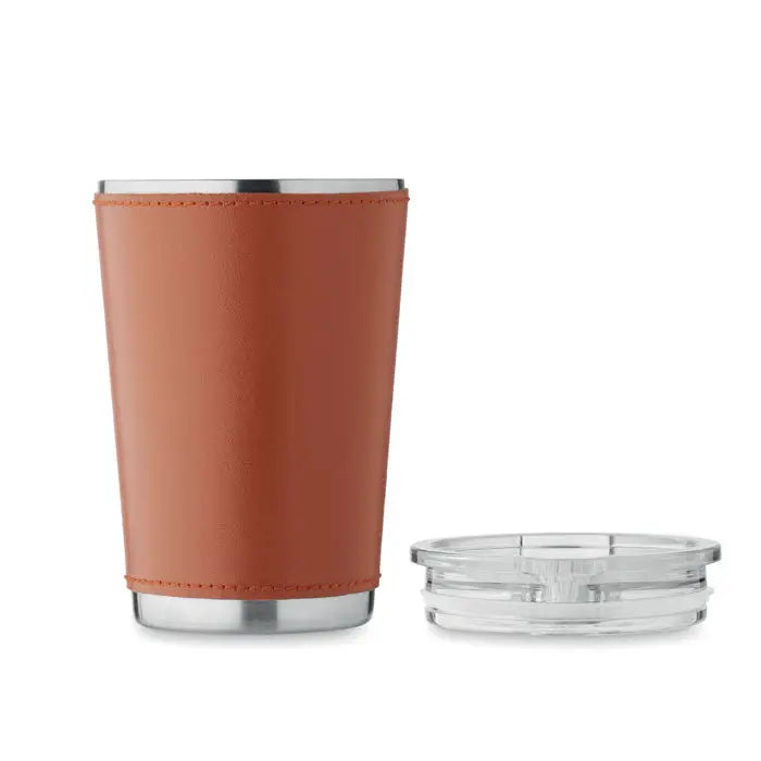 Pahar cu perete dublu 350 ml din otel inoxidabil imbracat in piele terracotta cu capac transparent din plastic