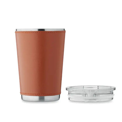 Pahar cu perete dublu 350 ml din otel inoxidabil imbracat in piele terracotta cu capac transparent din plastic