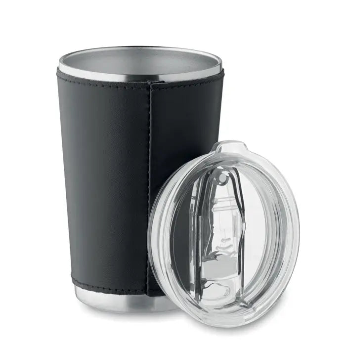 Pahar cu perete dublu 350 ml din inox îmbrăcat în piele neagră cu capac transparent din plastic