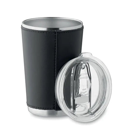 Pahar cu perete dublu 350 ml din inox îmbrăcat în piele neagră cu capac transparent din plastic