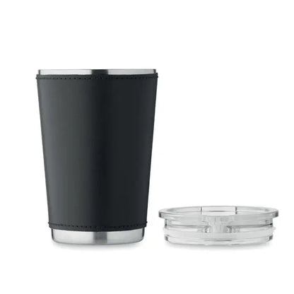 Pahar cu perete dublu 350 ml realizat din otel inoxidabil cu invelis de piele neagra si capac transparent