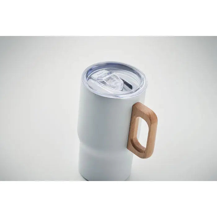 Pahar cu perete dublu 350ml din material izolant alb cu toarta de lemn si capac transparent