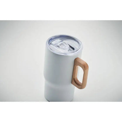 Pahar cu perete dublu 350ml din material izolant alb cu toarta de lemn si capac transparent