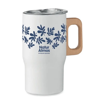Pahar cu perete dublu 350ml alb cu maner de lemn si model frunze bleumarin, cana termica natur atmos