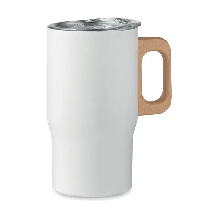 Pahar cu perete dublu 350ml alb izolat cu mâner din lemn și capac din oțel inoxidabil pentru călătorii