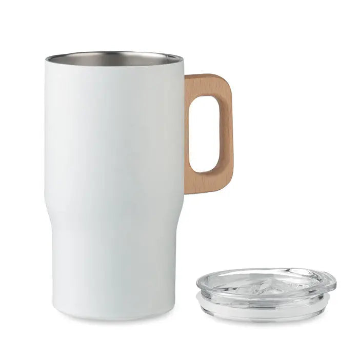 Pahar cu perete dublu 350ml alb cu toarta din lemn si capac transparent din sticla pentru calatorii