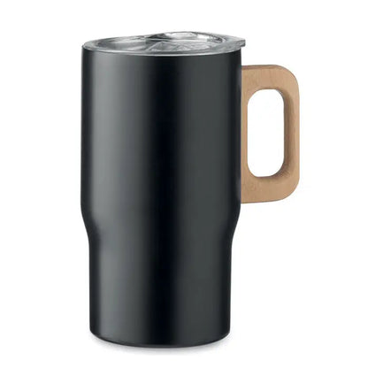 Pahar cu perete dublu 350ml negru cu maner de lemn izolat si capac transparent pentru calatorii