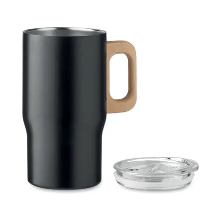 Pahar cu perete dublu 350ml invelit termoizolant negru cu maner din lemn deschis si capac transparent din sticla