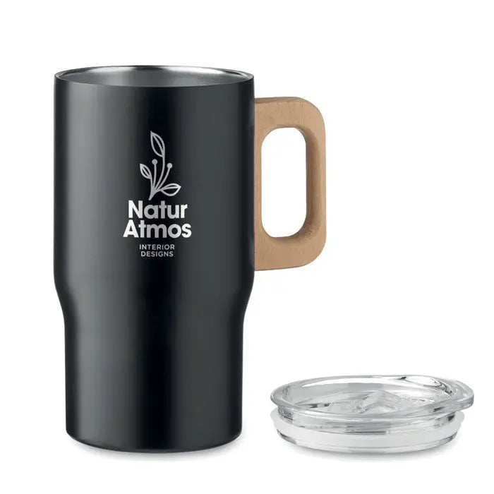 Pahar cu perete dublu 350ml negru cu maner din lemn si capac transparent cu logo natur atmos