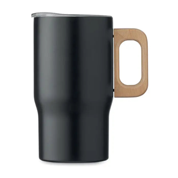 Pahar cu perete dublu 350ml negru izolat cu maner de lemn si capac transparent pentru calatorii