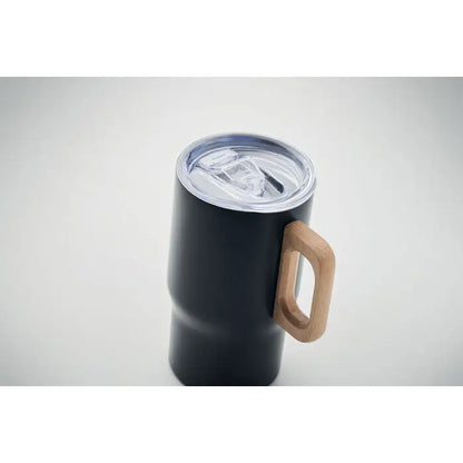 Pahar cu perete dublu 350ml negru izolat cu mâner de lemn și capac transparent pentru călătorii