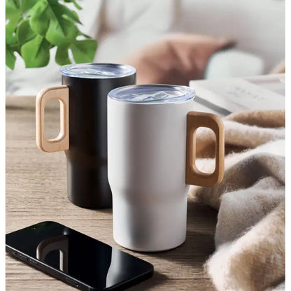Pahar cu perete dublu 350ml cu doua cani termoizolante negre si albe mate cu maner din lemn deschis si capac transparent