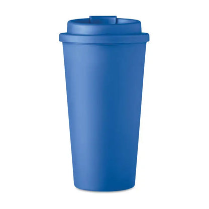 Pahar cu perete dublu 450 ml albastru solid din plastic pentru calatorii cu capac asortat