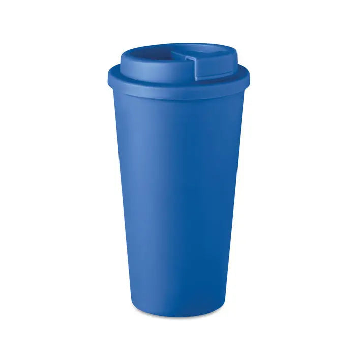 Pahar cu perete dublu de 450 ml din plastic albastru solid cu capac si gat flip-top pentru calatorii