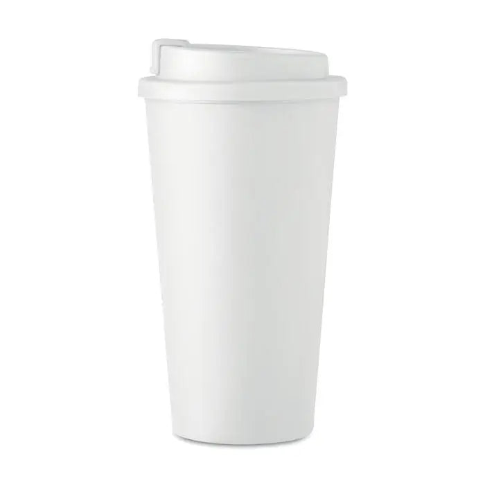 Pahar cu perete dublu 450 ml din plastic alb cu capac de calatorie potrivit pentru bauturi calde si reci