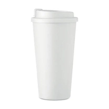 Pahar cu perete dublu 450 ml din plastic alb cu capac de calatorie potrivit pentru bauturi calde si reci