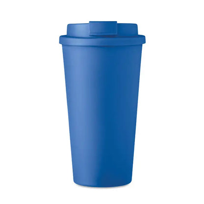 Pahar cu perete dublu 450 ml albastru solid din plastic cu capac si deschidere mica tip flip-top