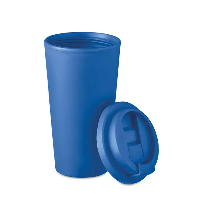 Pahar cu perete dublu albastru din plastic de 450 ml cu capac integrat pentru băut, ideal pentru călătorii