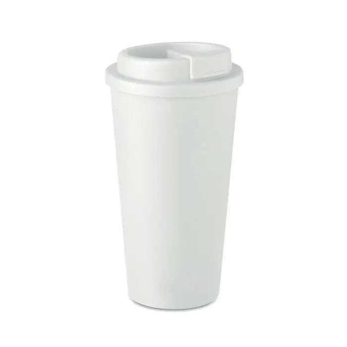 Pahar cu perete dublu 450 ml din plastic alb cu capac cu deschidere flip-top pentru calatorii
