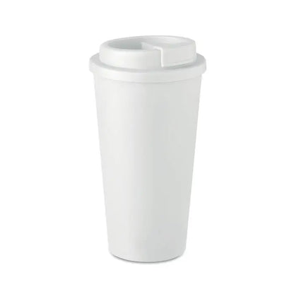 Pahar cu perete dublu 450 ml din plastic alb cu capac cu deschidere flip-top pentru calatorii