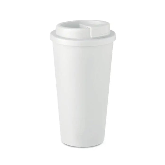 Pahar cu perete dublu 450 ml din plastic alb cu capac cu deschidere flip-top pentru calatorii