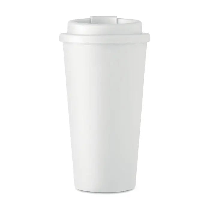 Pahar cu perete dublu 450 ml din plastic alb cu capac asortat pentru calatorii