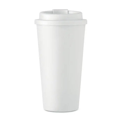 Pahar cu perete dublu 450 ml din plastic alb cu capac asortat pentru calatorii