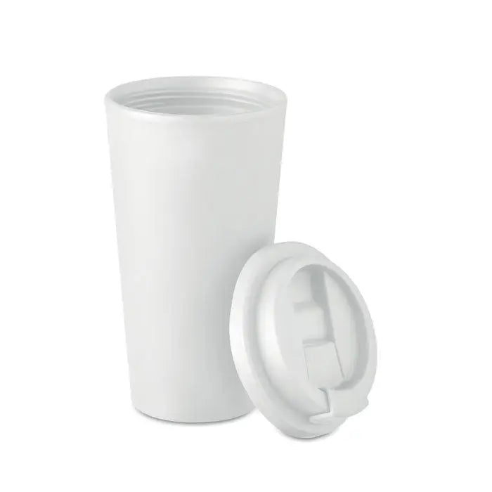 Pahar cu perete dublu 450 ml din plastic alb cu capac asortat pentru calatorii