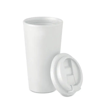 Pahar cu perete dublu 450 ml din plastic alb cu capac asortat pentru calatorii