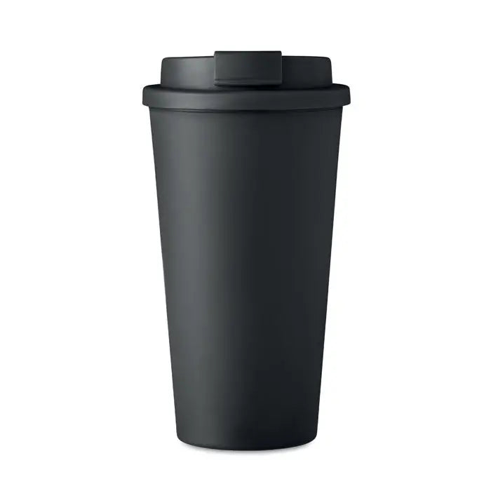 Pahar cu perete dublu 450 ml travel mug negru mat cu capac si mecanism flip-top pentru bauturi calde si reci