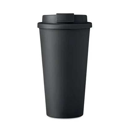 Pahar cu perete dublu 450 ml travel mug negru mat cu capac si mecanism flip-top pentru bauturi calde si reci