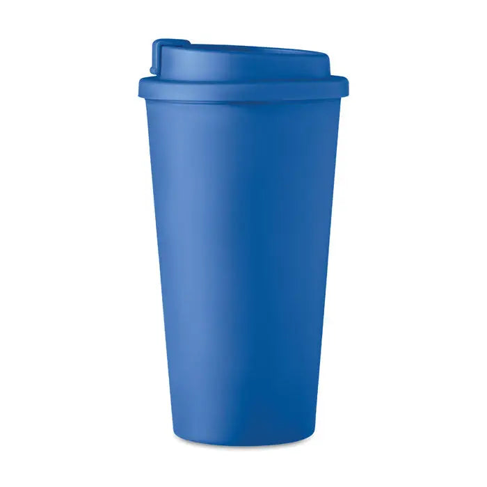Pahar cu perete dublu 450 ml din plastic albastru solid cu capac asortat pentru calatorii
