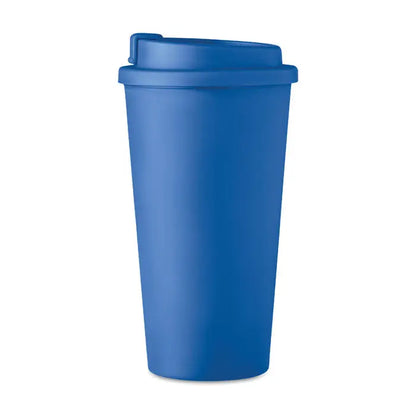 Pahar cu perete dublu 450 ml din plastic albastru solid cu capac asortat pentru calatorii