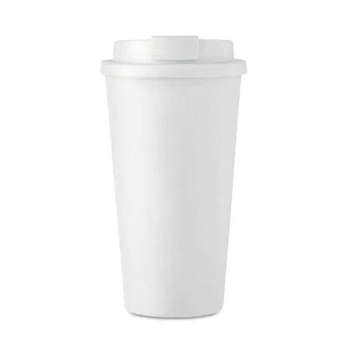 Pahar cu perete dublu alb din plastic 450 ml cu capac si maner integrat ideal pentru calatorii