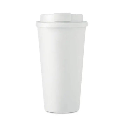 Pahar cu perete dublu alb din plastic 450 ml cu capac si maner integrat ideal pentru calatorii