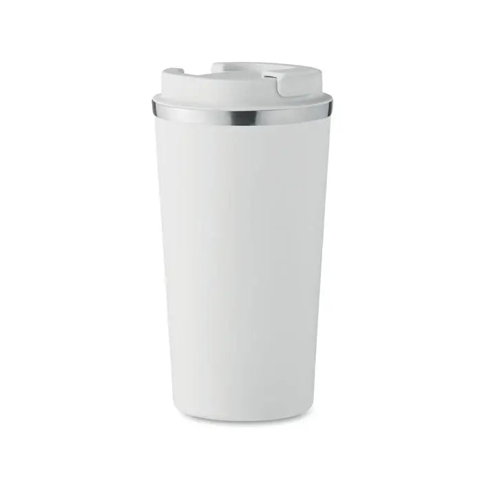 Pahar cu perete dublu 510 ml alb, izolat, cu margine si capac argintiu, ideal pentru bauturi calde sau reci