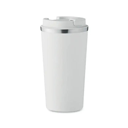 Pahar cu perete dublu 510 ml alb, izolat, cu margine si capac argintiu, ideal pentru bauturi calde sau reci